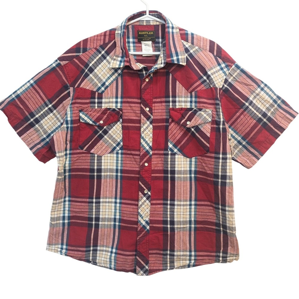 Rustler Wrangler Men's XL Red Plaid Cotton Pearl Snap Short Sleeve Western Shirt